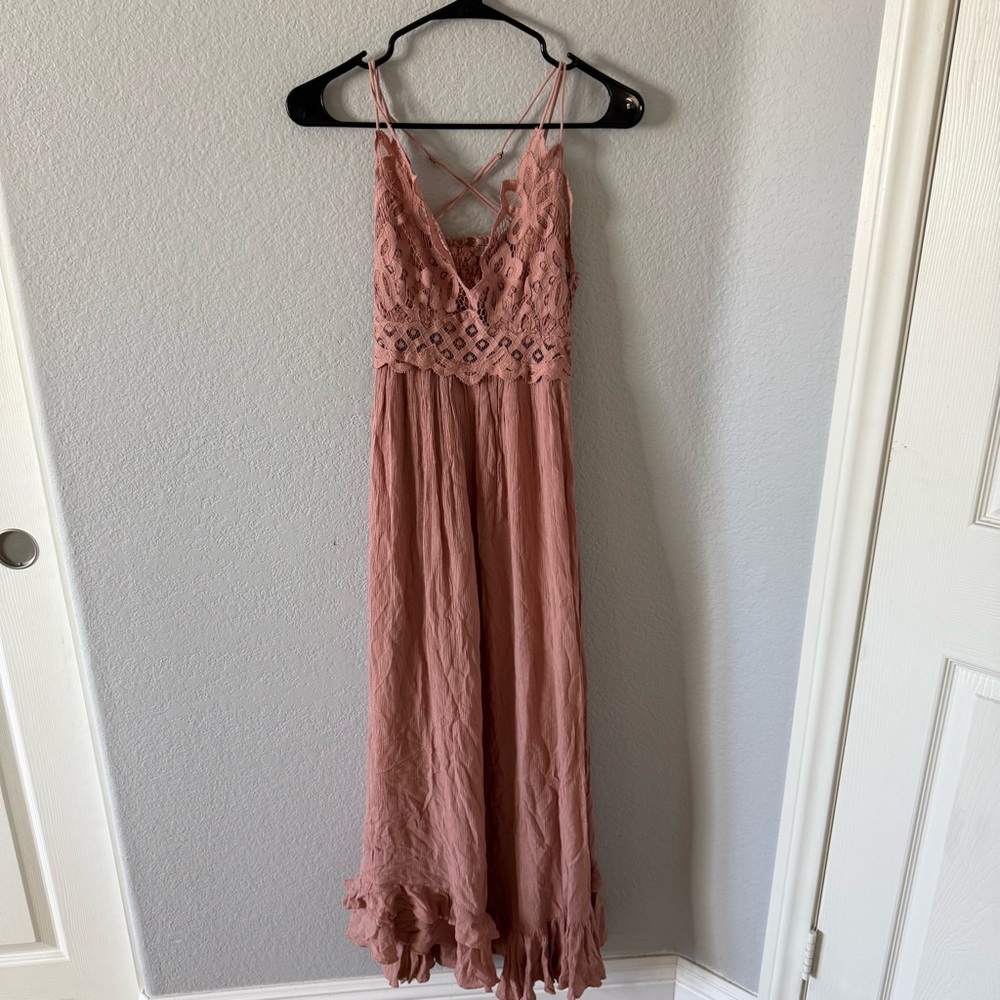 Free People Adella Maxi Floral Lace V-neck Strap Slip Back Dress Pink - Picture 5 of 6